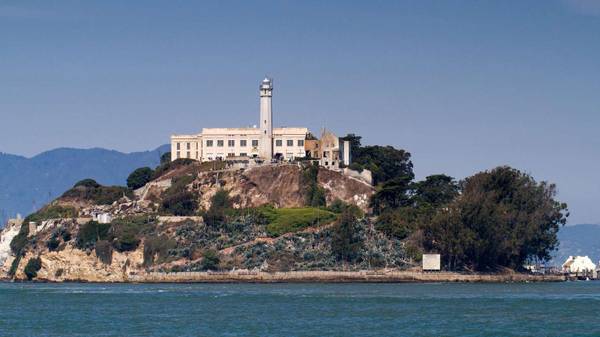 Alcatraz Island, a historic prison, located in San Francisco Bay