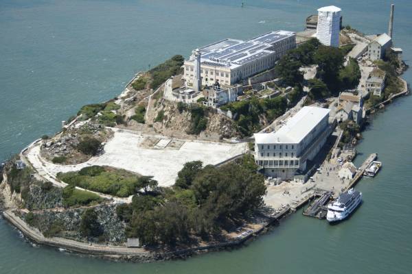 Aerial view of Alcatraz Island, isolated in the ocean